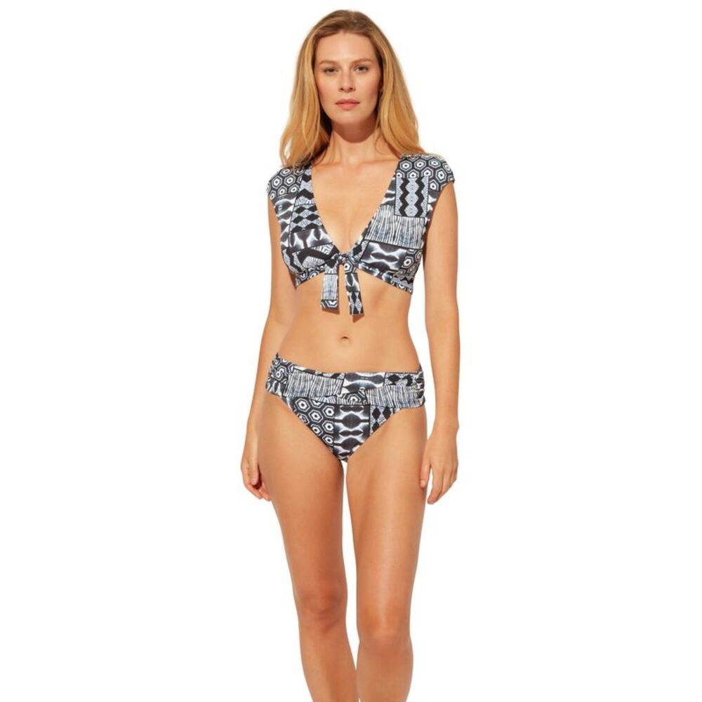 BLEU Women's Navy Multi Color Cap Sleeve Removable Cups Tie Swimsuit Top 14